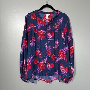 Ophelia Roe Women's Blue & Red Floral Blouse - Size Medium - Peasant Boho Chic